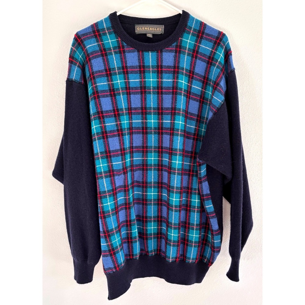 Gleneagles of Scotland Sweater Mens Size 2XL Lambswool Plaid Vintage‎ Preppy